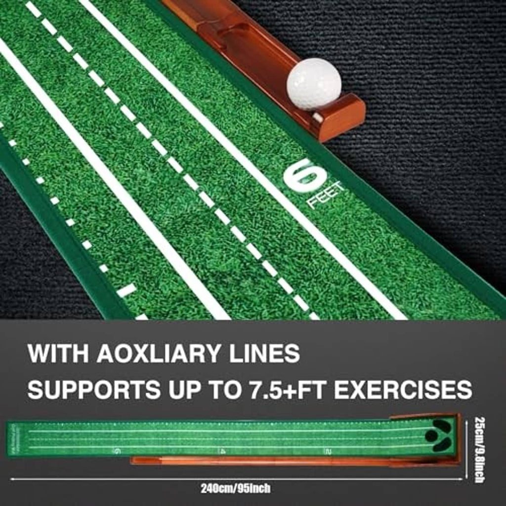 Golf putting mat close-up with white guide lines and a practice ball on green turf