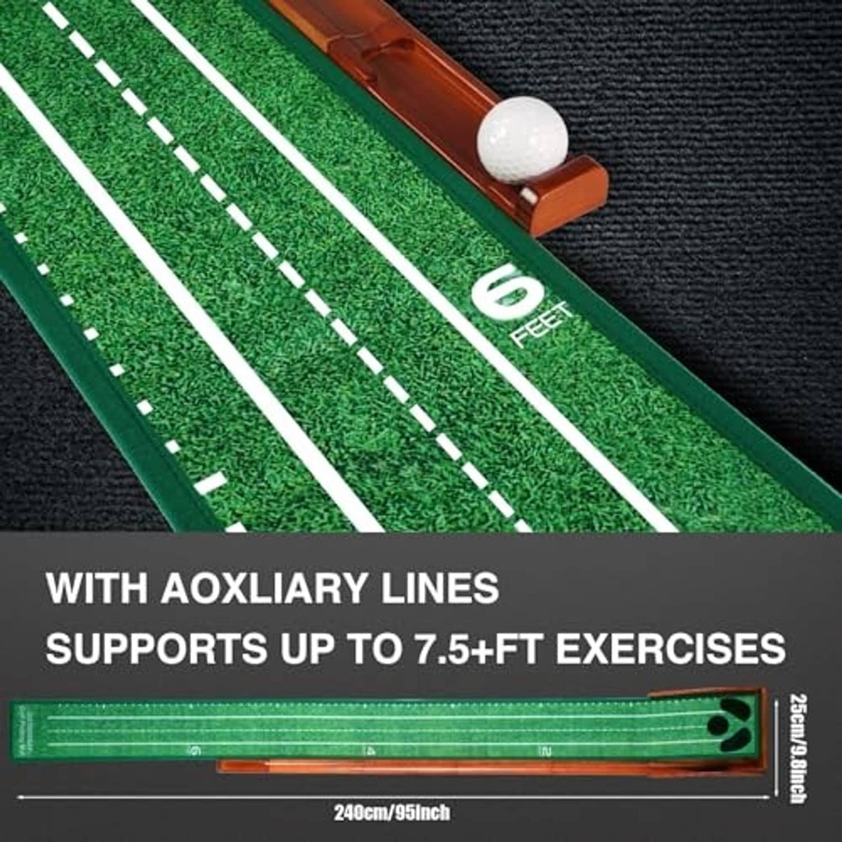Golf putting mat close-up with white guide lines and a practice ball on green turf