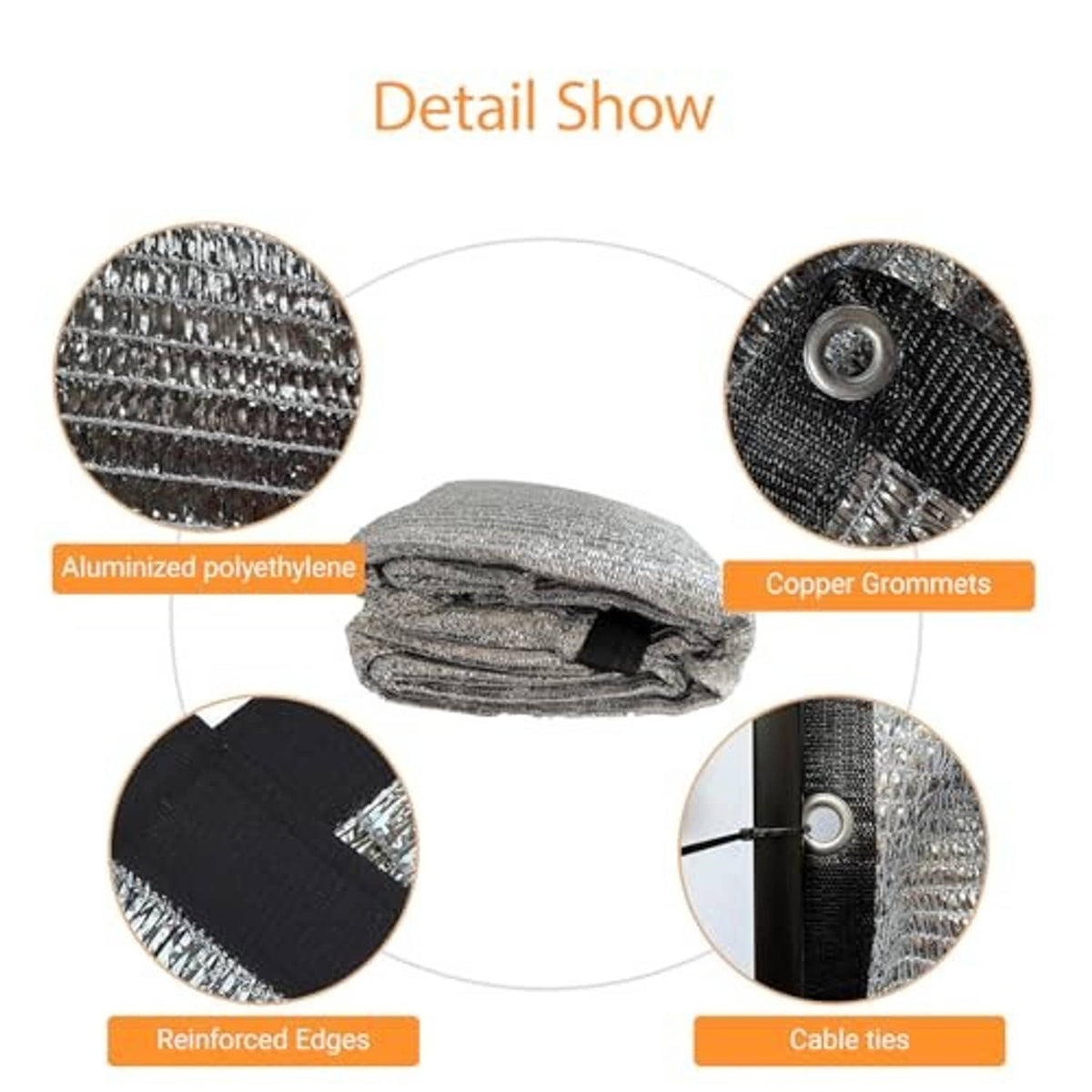 Aluminized polyethylene shade cloth details: reinforced edges, copper grommets, cable ties