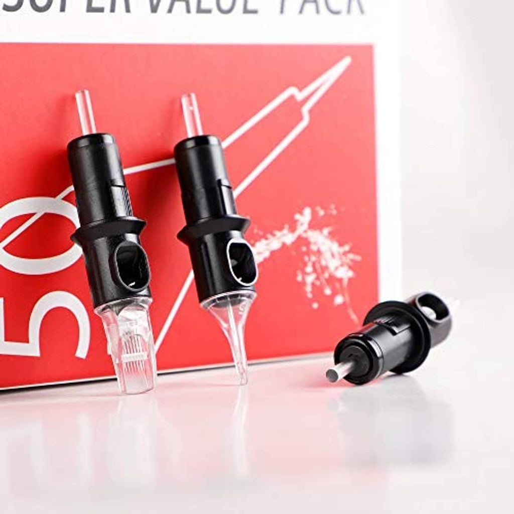 Disposable tattoo cartridges with black holders and clear needle housings on red card