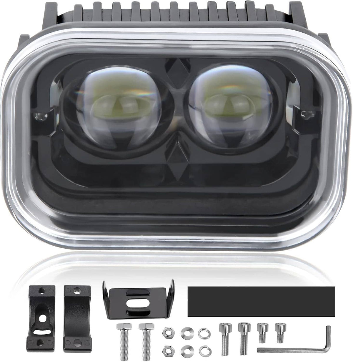 Dual-lens 4-inch LED motorcycle driving light with mounting hardware kit