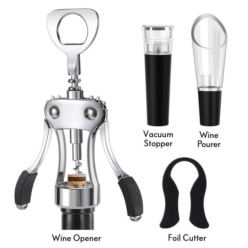 Silver wine opener with vacuum stopper, wine pourer, and foil cutter attachments