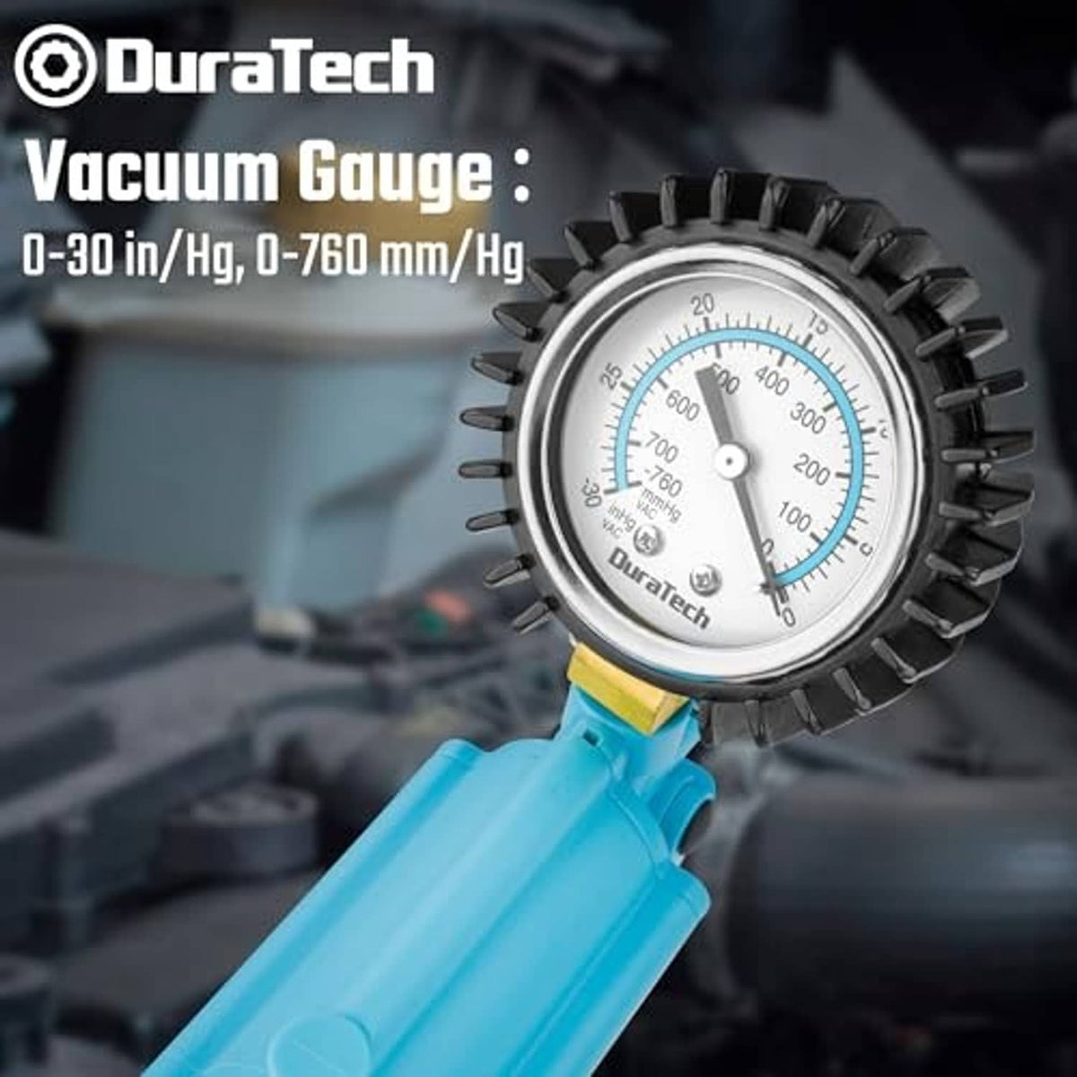 Blue handheld vacuum bleeder with round vacuum gauge for brake bleeding