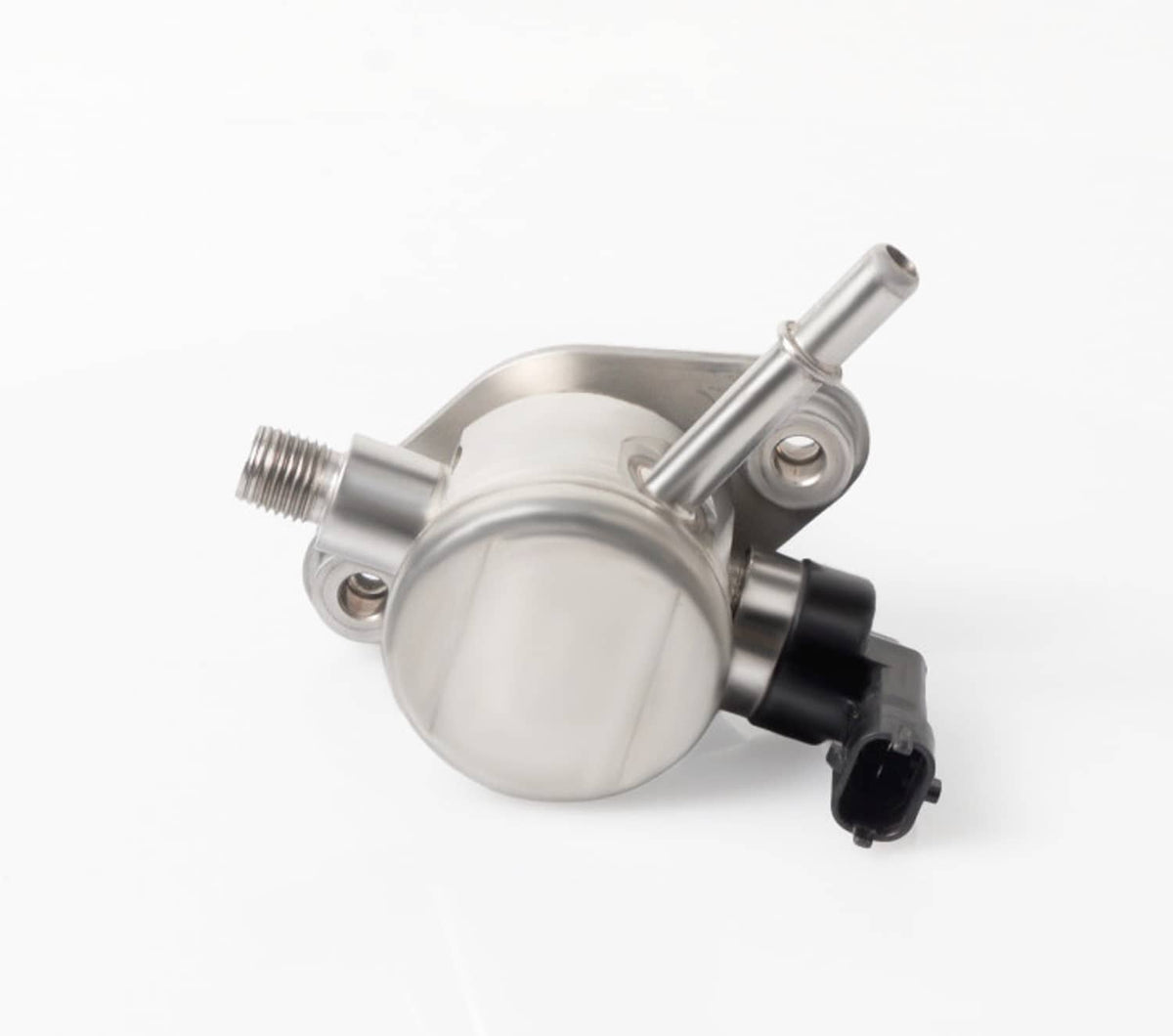 High pressure fuel pump with metal body and threaded ports, side view