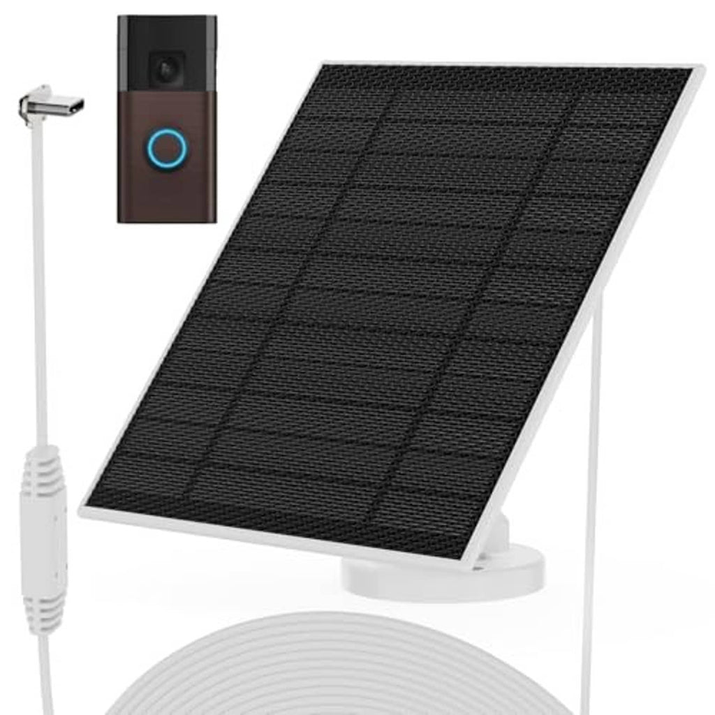 6W black solar panel with white mounting base and charging cable for doorbell