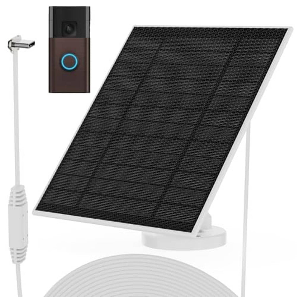 6W black solar panel with white mounting base and charging cable for doorbell