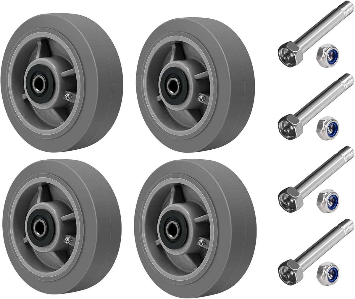 Set of 4 gray caster wheels with rubber tires and steel mounting axle bolts