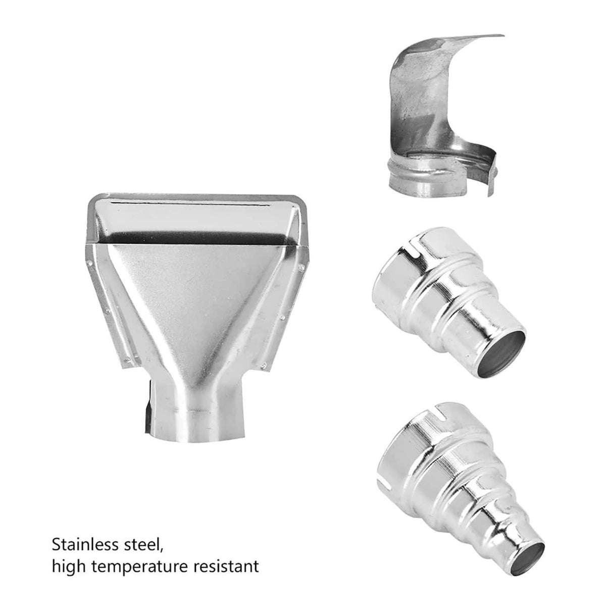 Stainless steel heat gun nozzles: funnel head and three cylindrical adapters with stepped openings