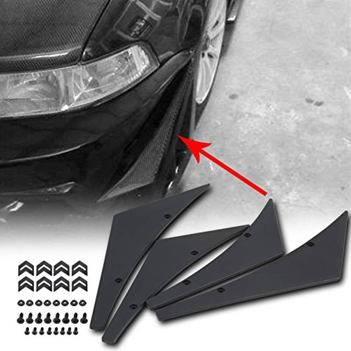 Black front bumper canard fins installed on car front bumper