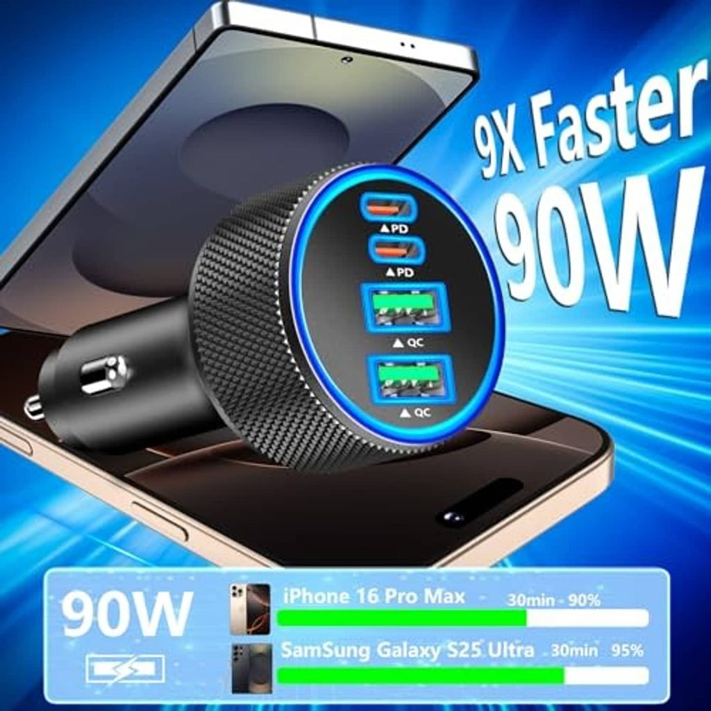 Black 4-port car charger with braided cable, shown charging a smartphone