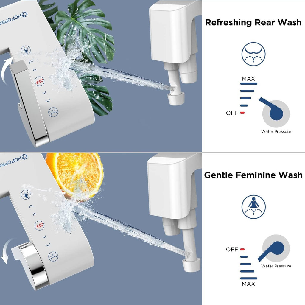 White non-electric bidet attachment with spray outlet and two adjustable wash settings