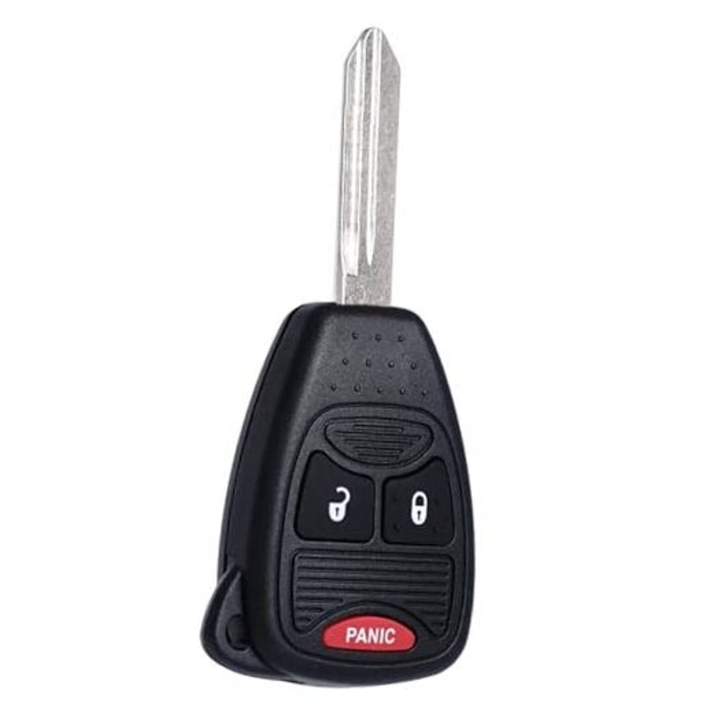 Black key fob remote with metal key blade, lock/unlock buttons, and red PANIC