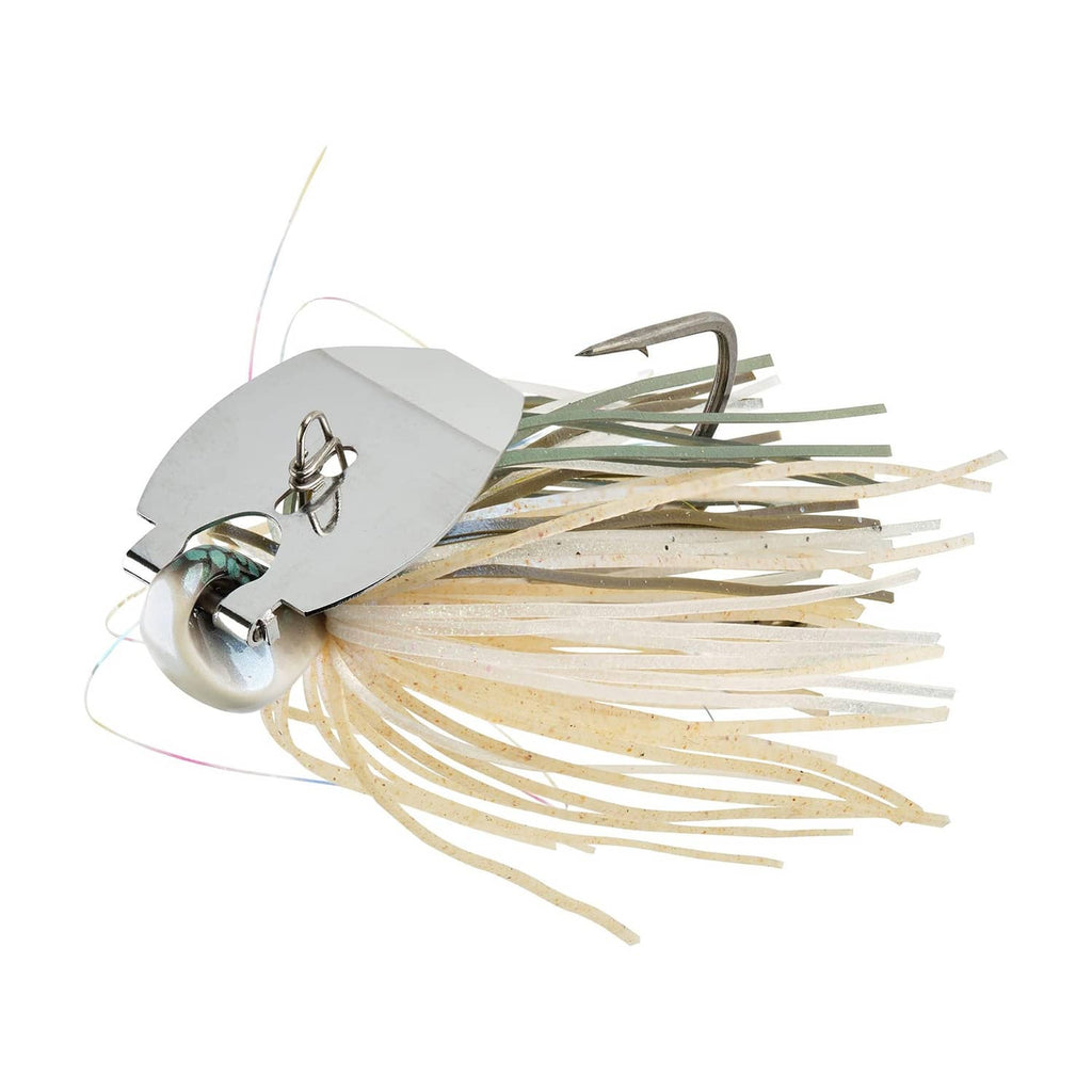 Bladed fishing jig with white and tan skirt, silver blade, dark hook