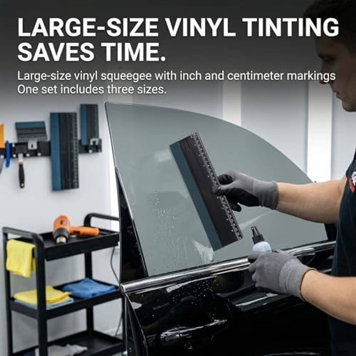 Black vinyl squeegee with measuring ruler for large decal application
