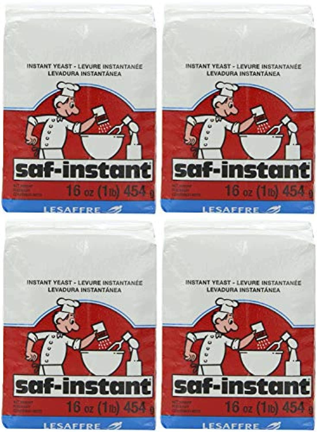 Saf-instant instant yeast 4-pack set showing four 16 oz pouches in a grid.