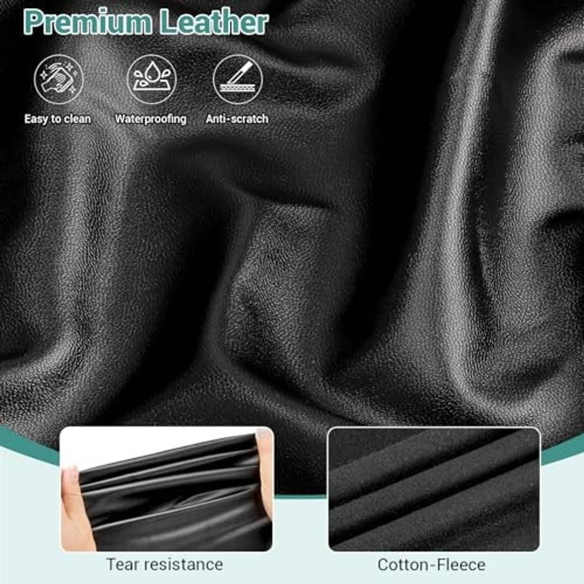 Black leather-style massage table cover protector fabric, textured close-up