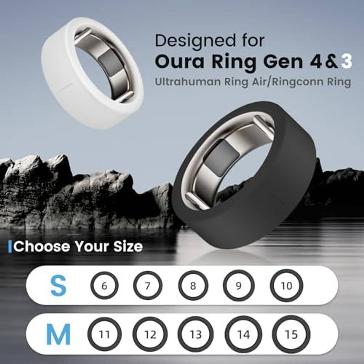 White silicone ring cover with metal insert and size guide S to 10