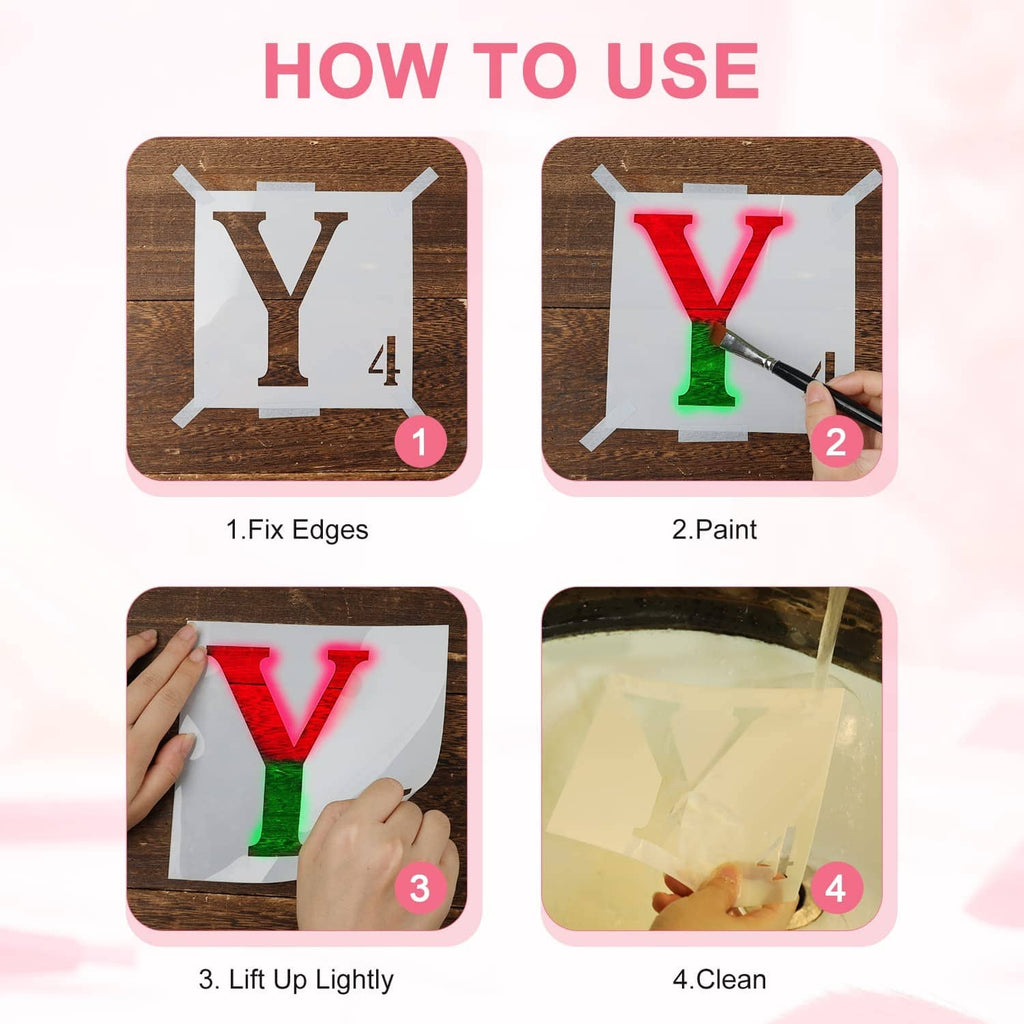 How-to use stencil set with letter Y and V, showing edging, painting, lifting, cleaning