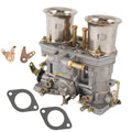 Dual-barrel carburetor kit with two chrome air horns, linkage, and gaskets