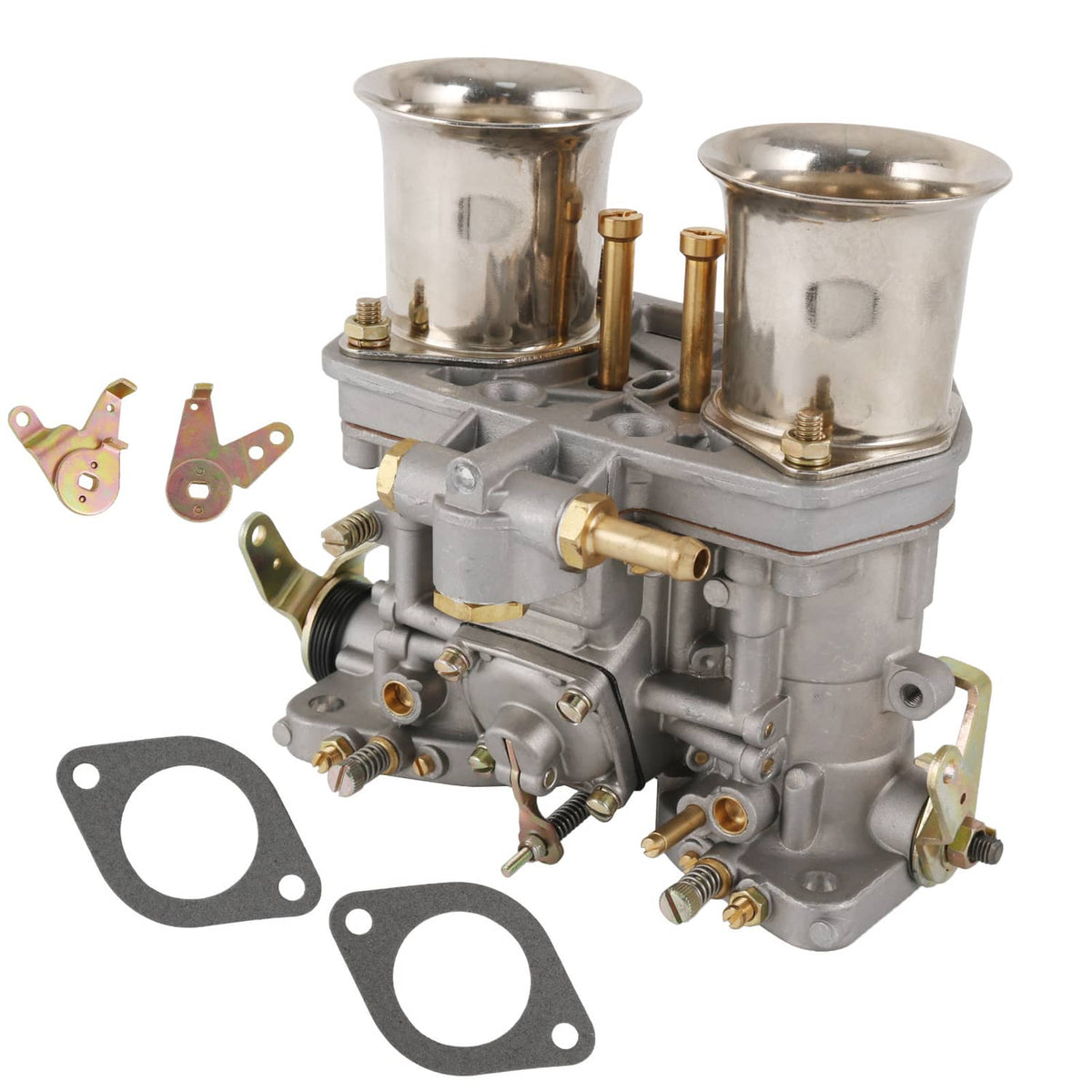 Dual-barrel carburetor kit with two chrome air horns, linkage, and gaskets
