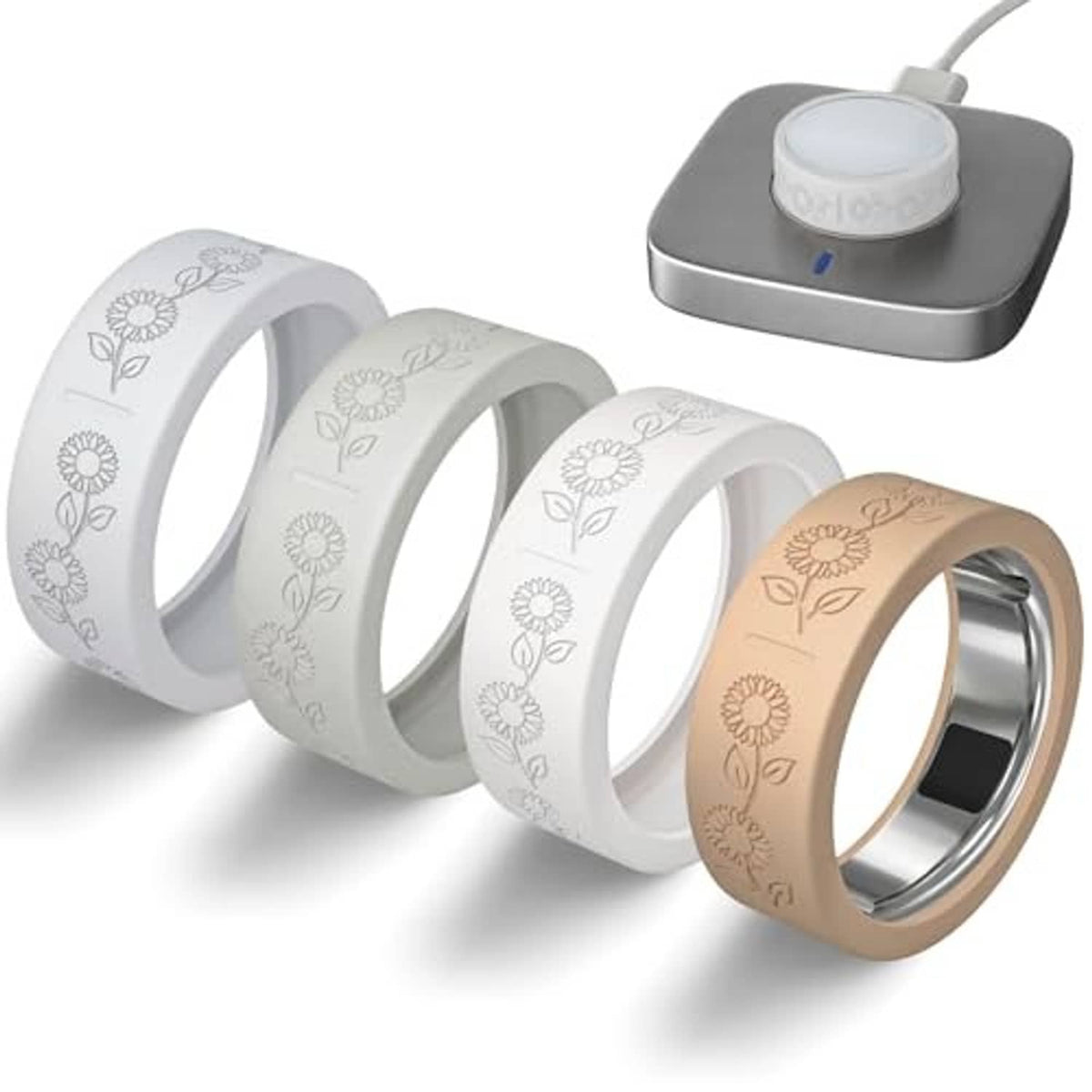 Four ring covers in light gray and tan, embossed floral pattern on wide bands