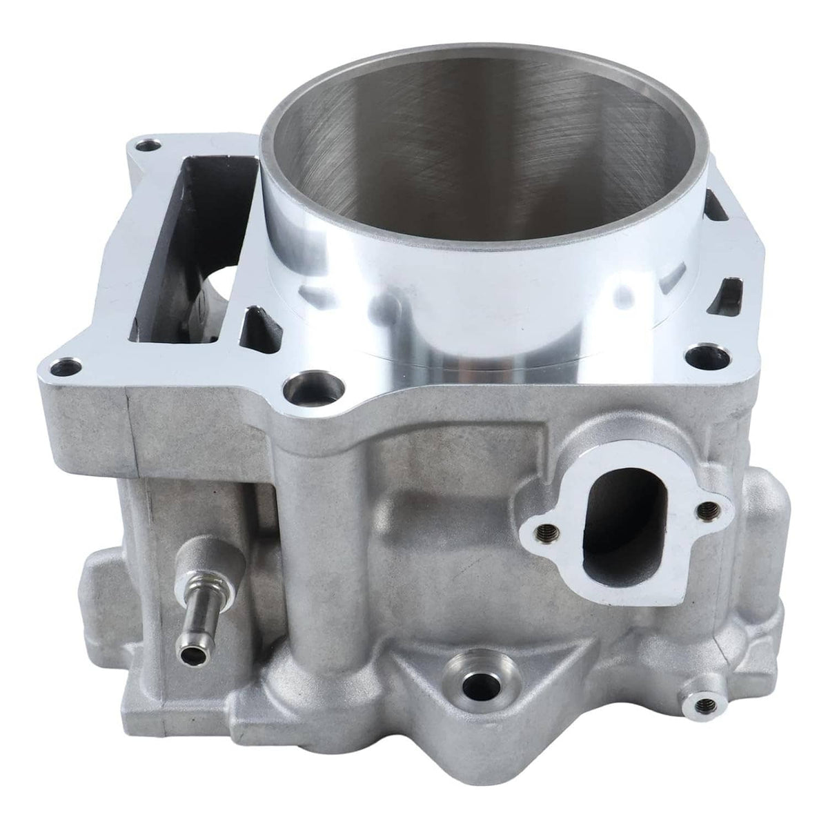 Metal engine cylinder jug angled view with side outlet port and machined bore