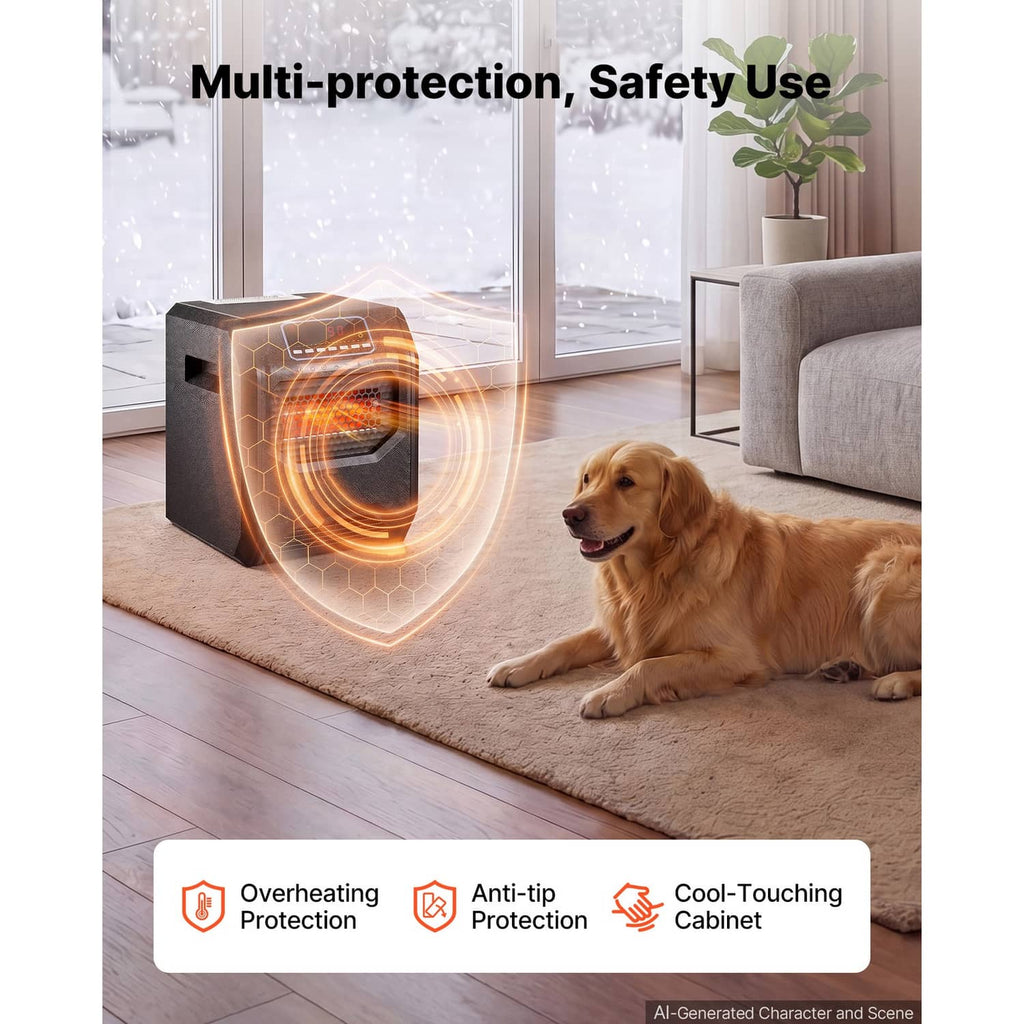 Black infrared electric heater with glowing heating element and protective grille