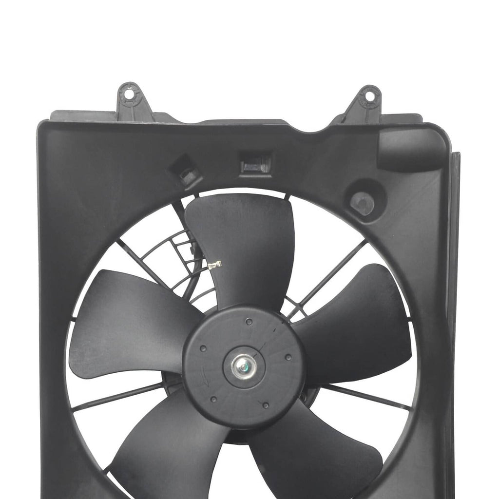 Radiator cooling fan assembly, front view with black housing and multi-blade wheel