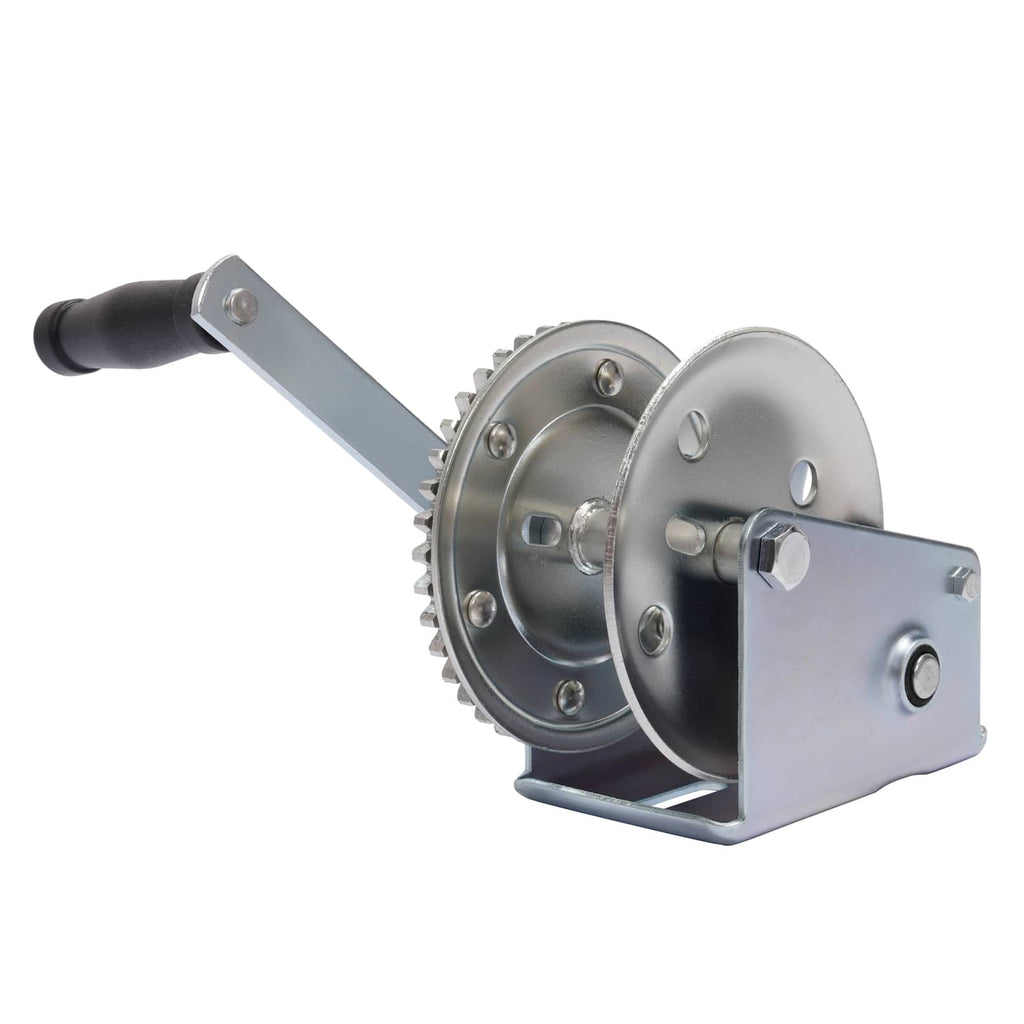 3/4 view of horizontal hand winch with black handle grip and side mounting plate