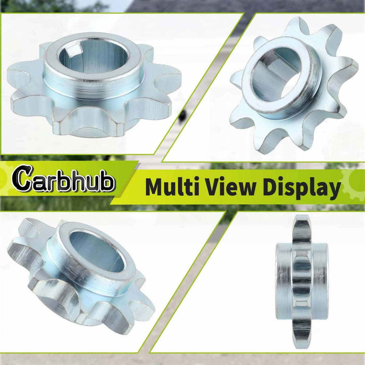 Silver 9-tooth jackshaft sprocket, front and side views, 41/420 chain