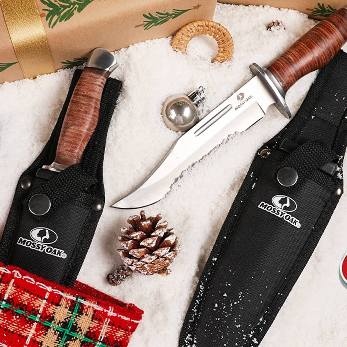 2-piece Bowie knife set with wood handles, stainless blades, and black sheath covers
