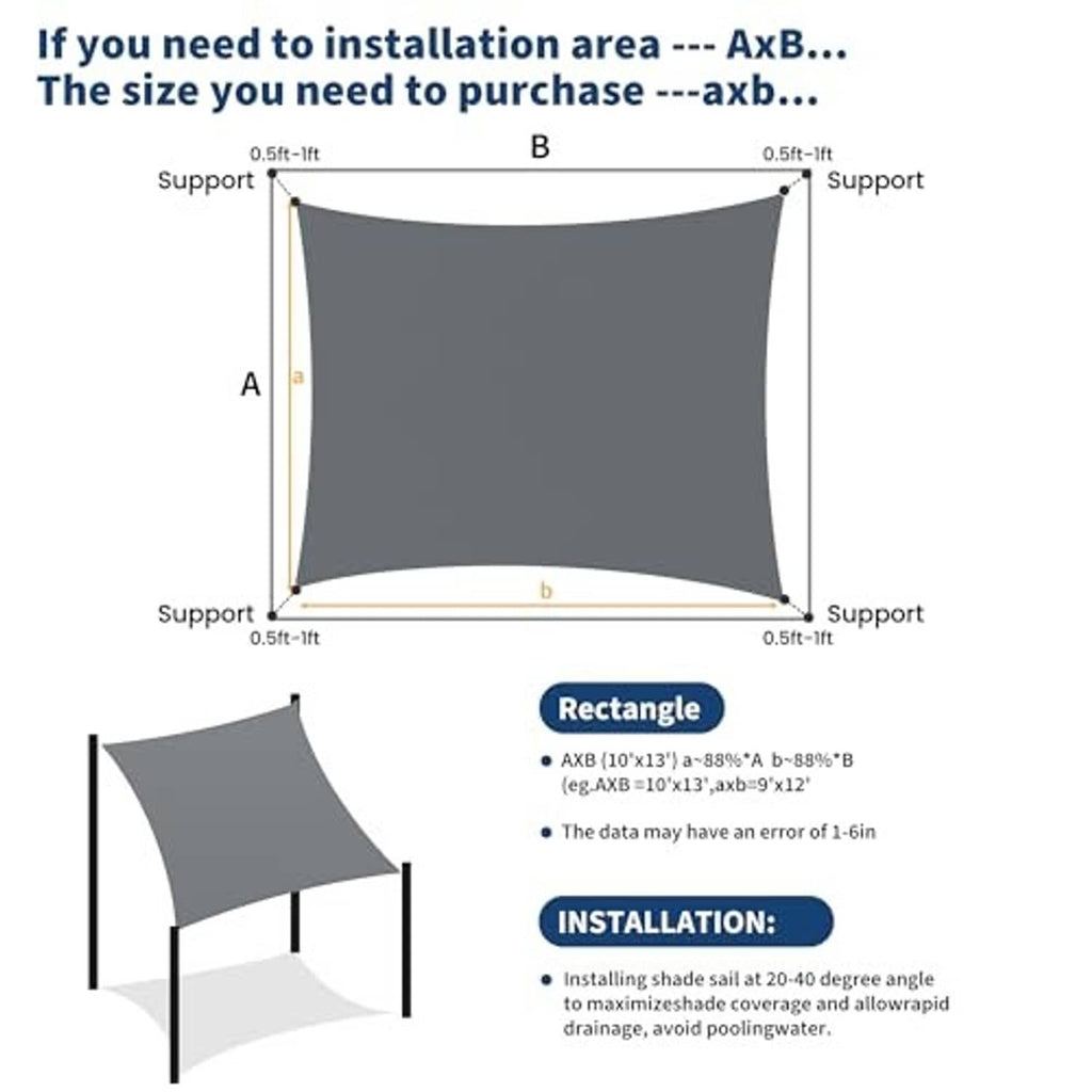 Rectangular sun shade sail size diagram with corner supports and edge dimensions