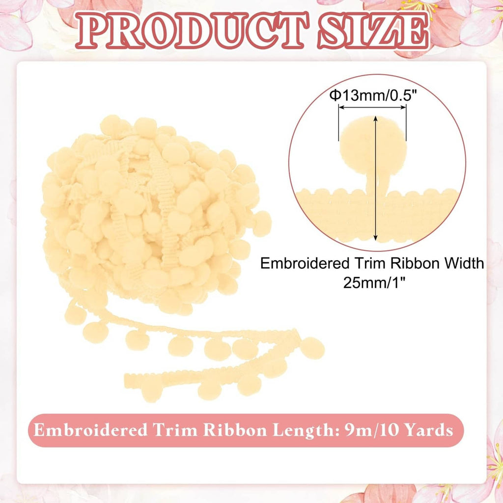 Beige embroidered pom ball fringe trim, 1in width, clustered pom tassels