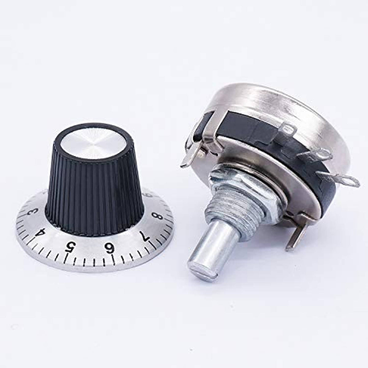 Rotary potentiometer side view with black knob, silver body, threaded shaft, and pins