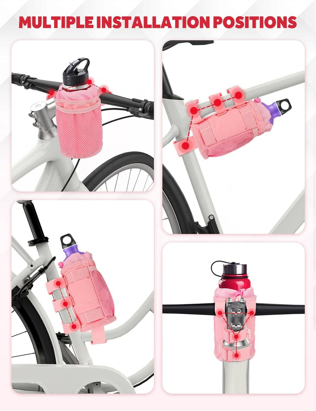 Pink bike bottle holder shown in multiple mounting positions on handlebars
