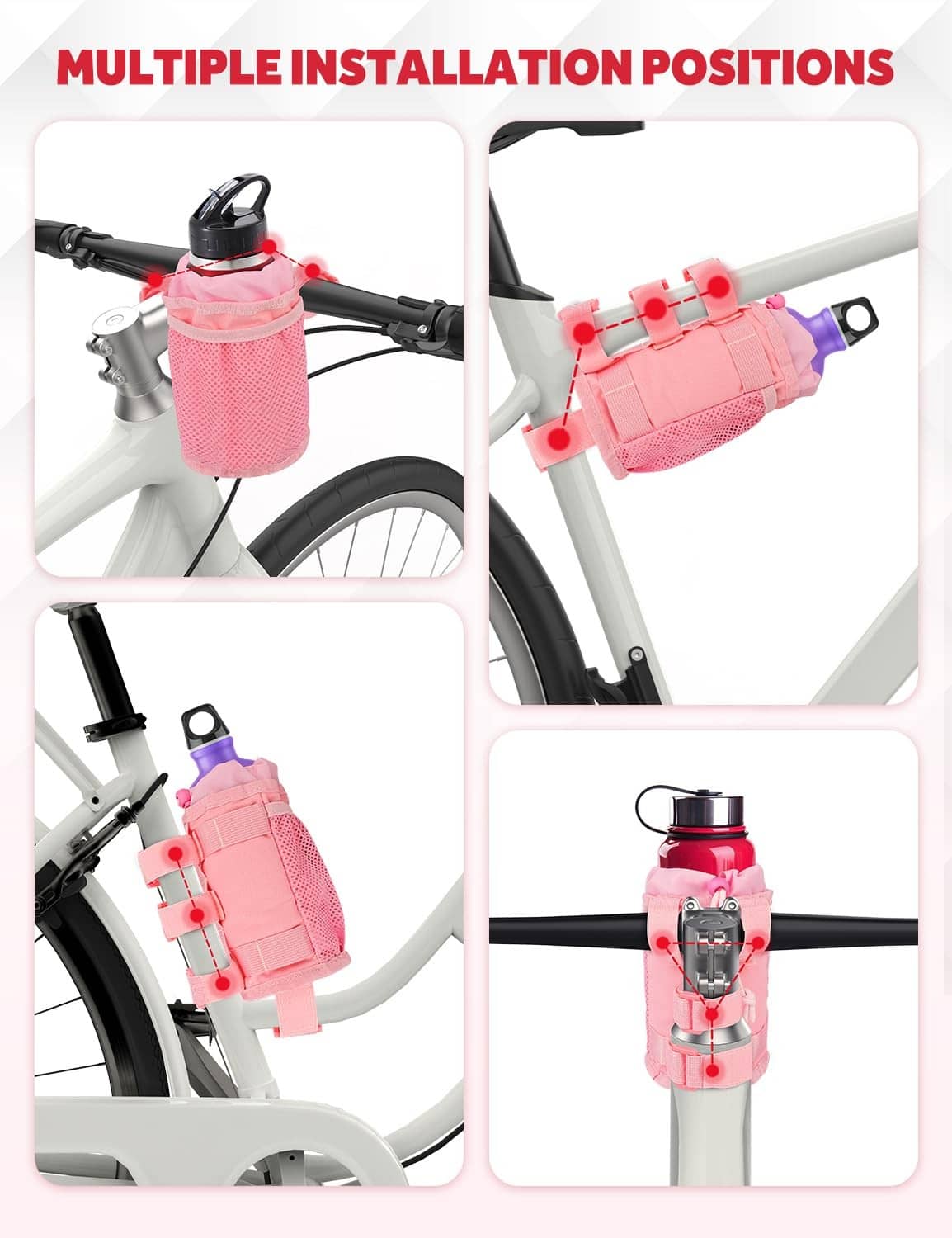 Pink bike bottle holder shown in multiple mounting positions on handlebars