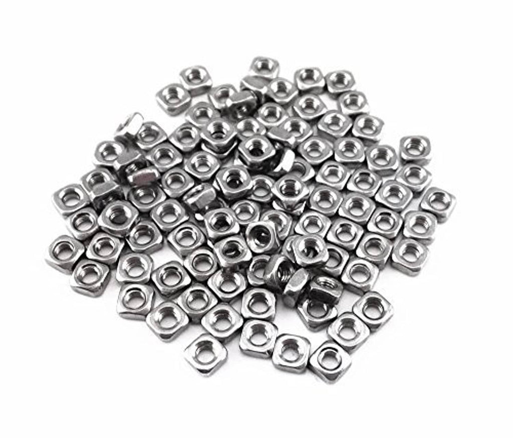 304 stainless steel square nuts, M3 size, shiny silver finish in bulk pack