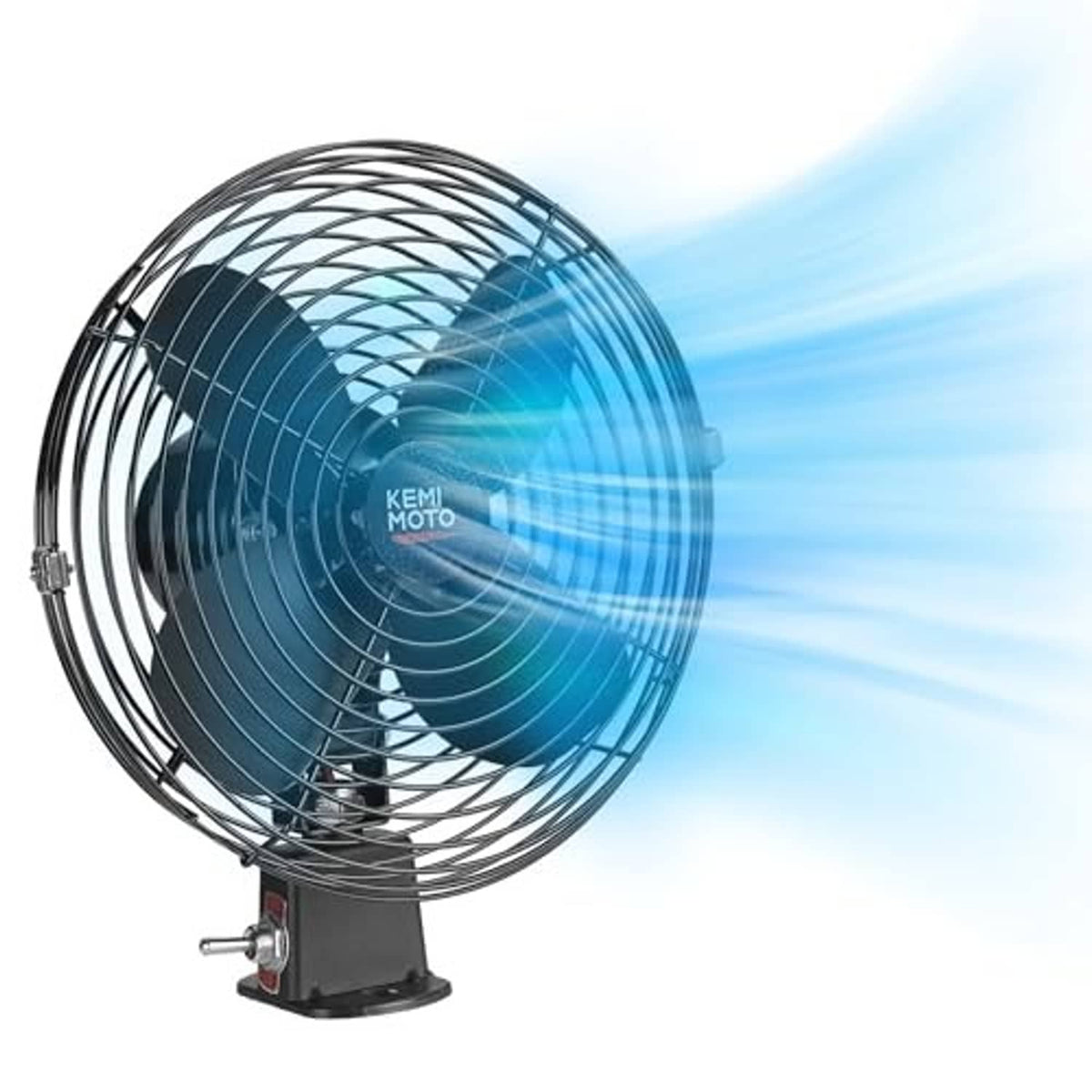 12V cooling fan with blue 8-inch blades and chrome wire grille on black stand