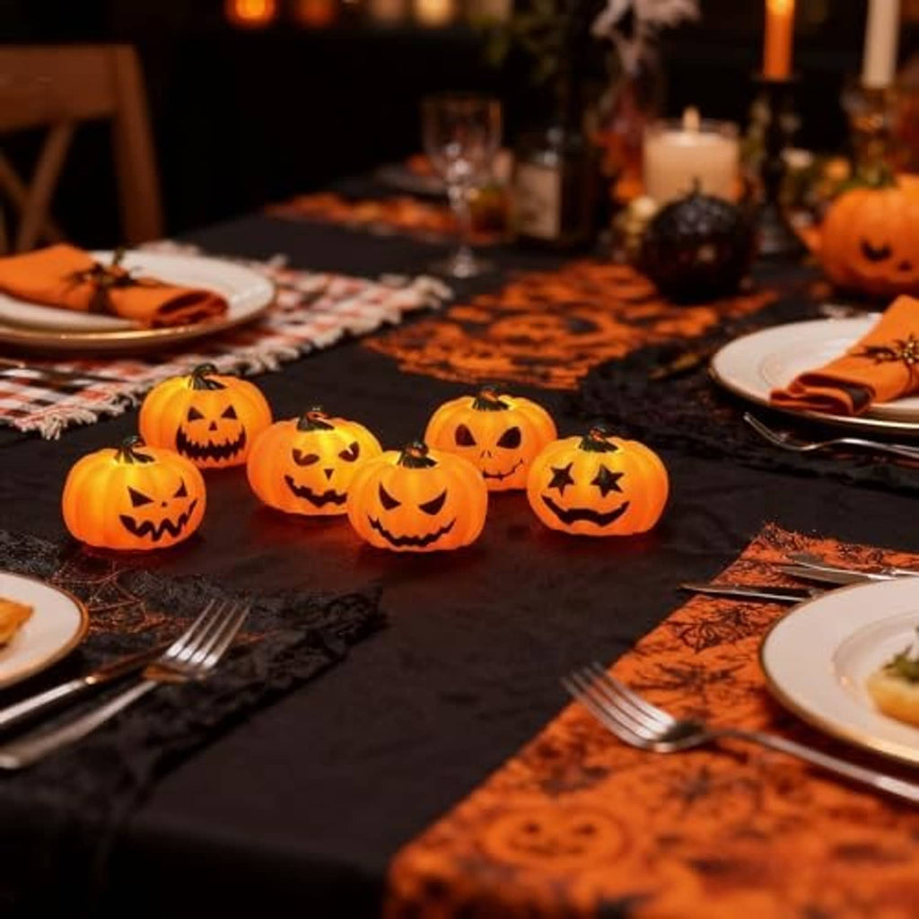 Halloween pumpkin tea lights scattered on a table with glowing jack-o’-lantern faces