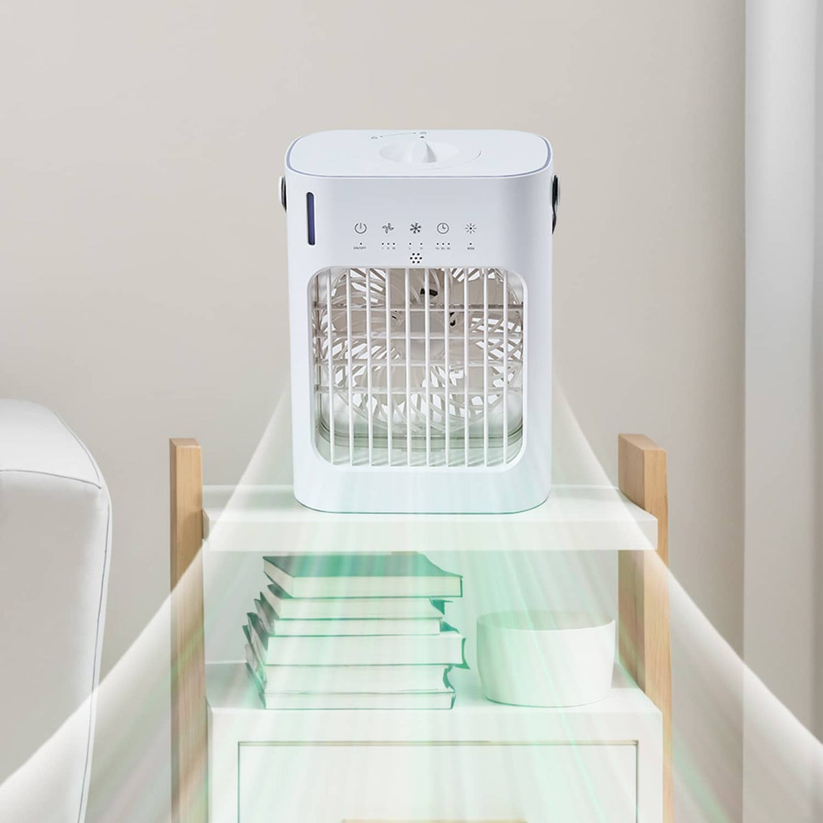 White portable air cooler with front grille and top control panel, compact fan unit