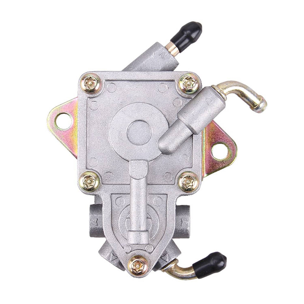 Fuel pump assembly front view with silver housing, rainbow brackets, and black hose cap