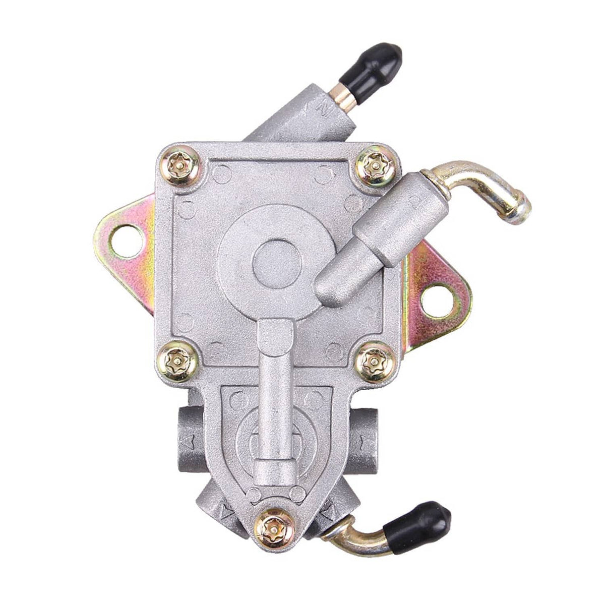 Fuel pump assembly front view with silver housing, rainbow brackets, and black hose cap