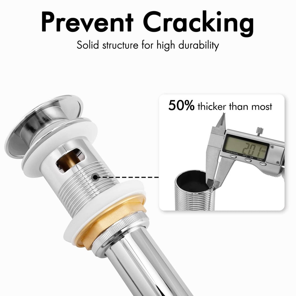 Reinforced pop-up sink drain with overflow, polished chrome metal body