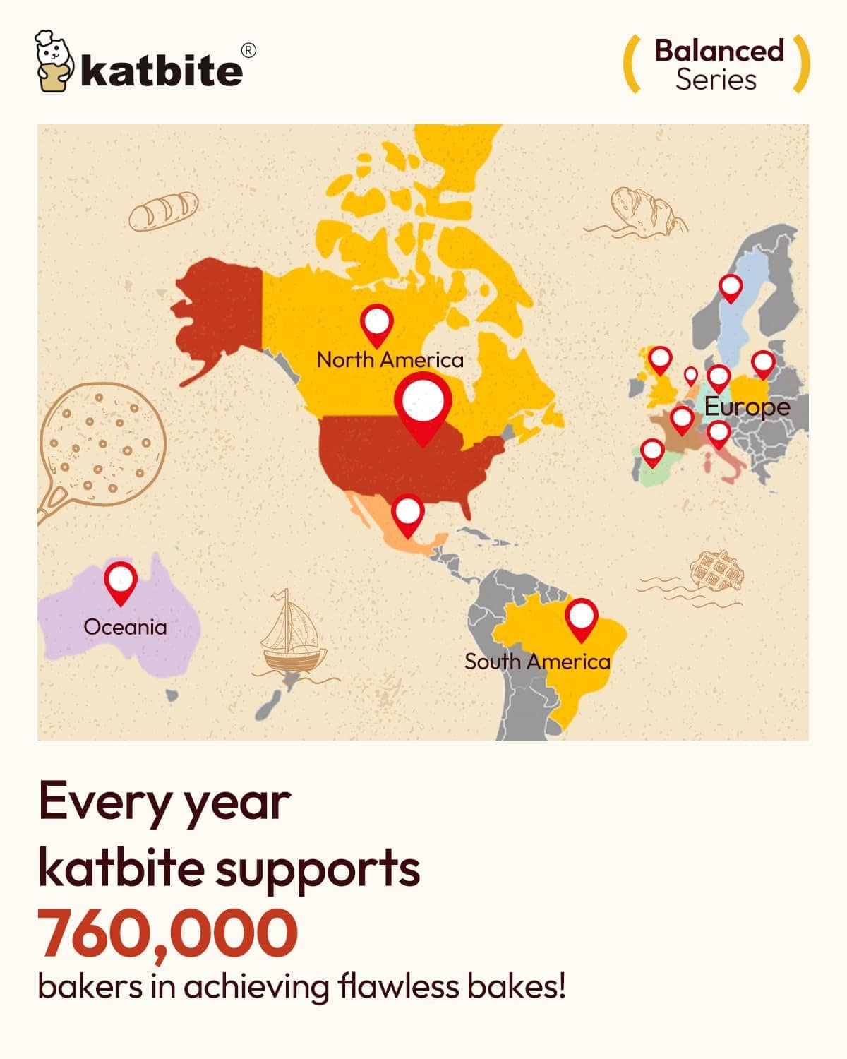Katbite parchment paper promotion graphic with global bakers support map
