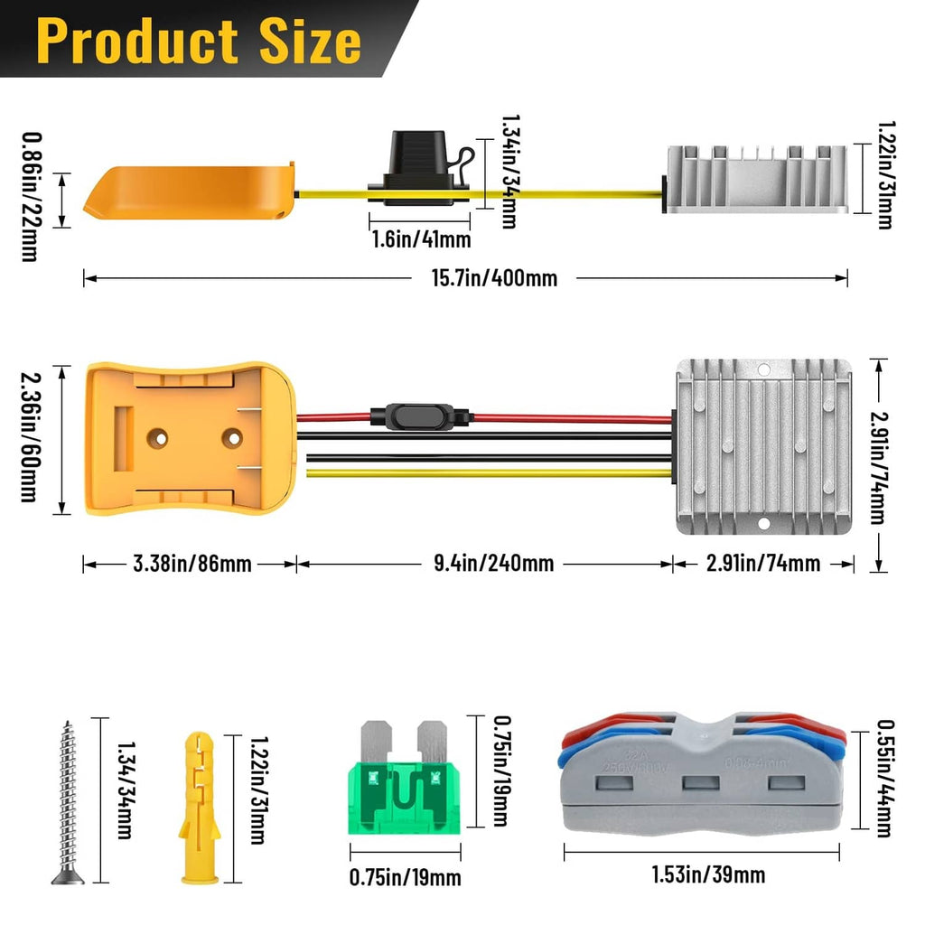 Step-down converter dimensions showing yellow housing, gray heat sink, and cable leads.