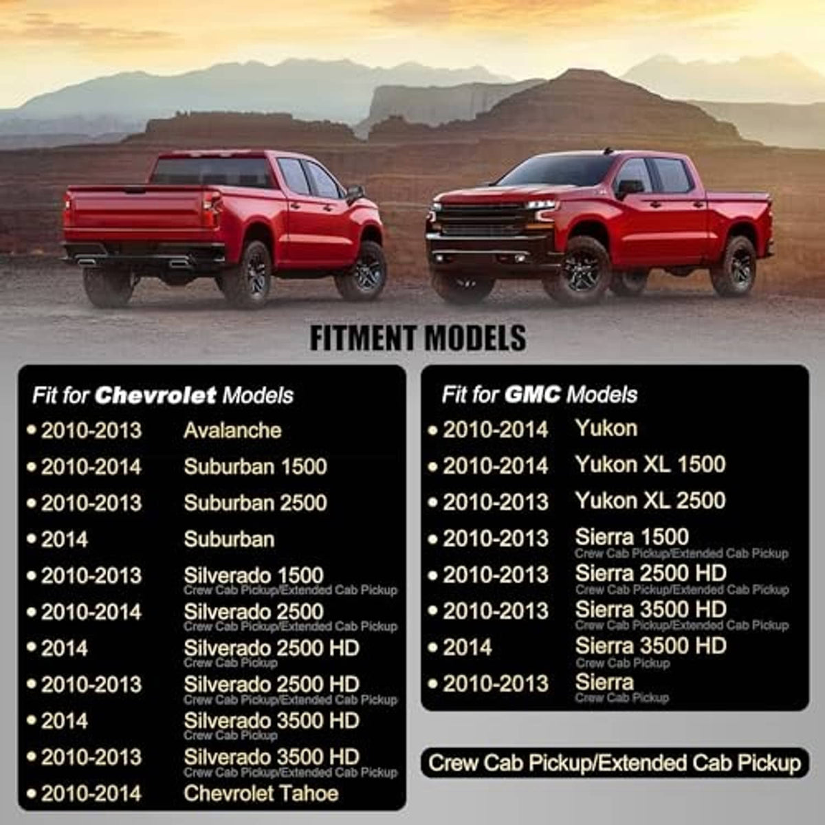 Armrest fitment models chart for compatible Chevrolet and GMC vehicles