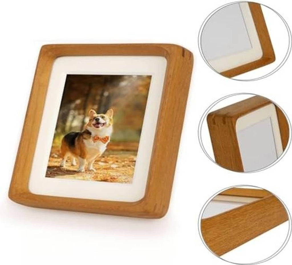 Teak wood picture frame with white mat, angled view, clear shatterproof front