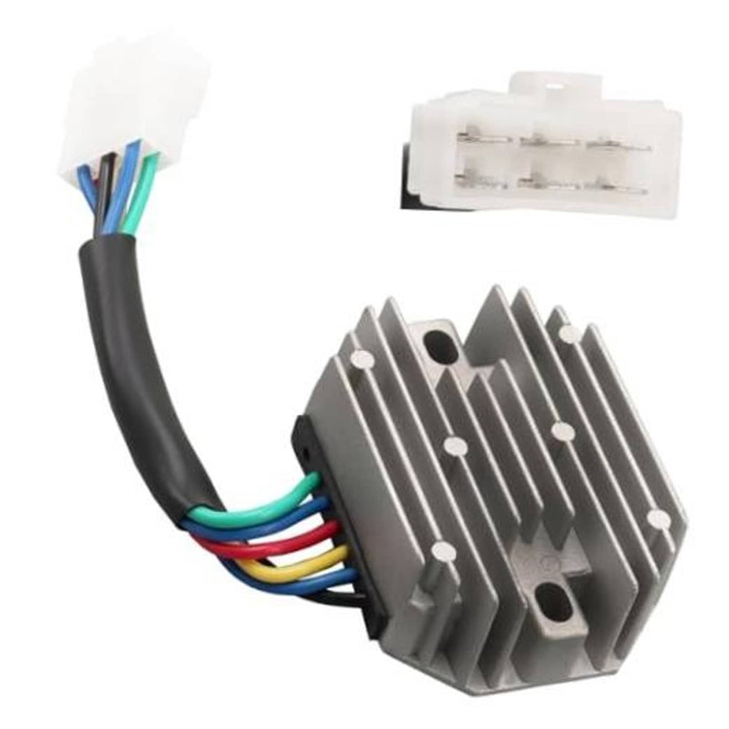 Voltage regulator rectifier with wire harness and white connector, gray metal fins