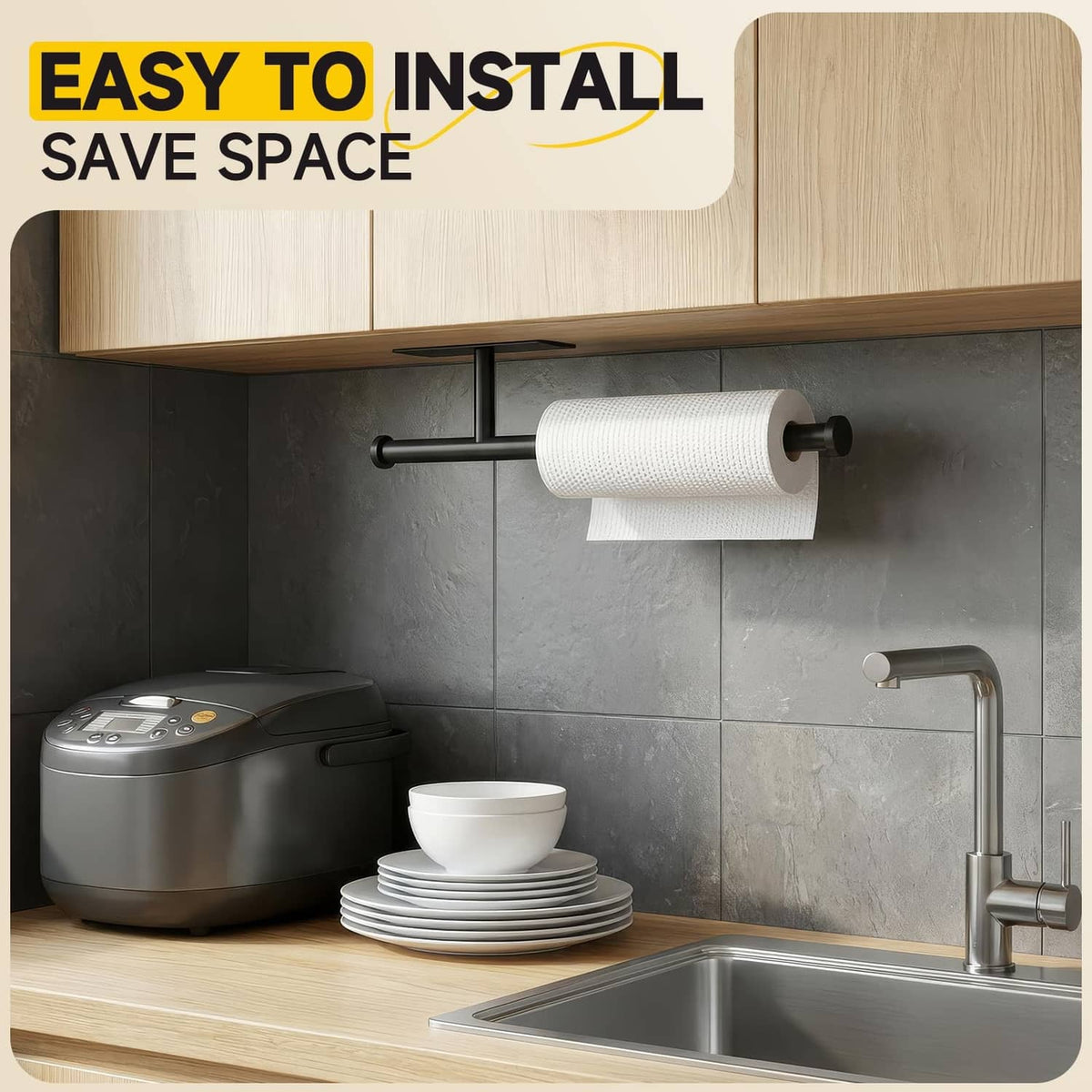 Black paper towel rack wall mount with a white roll, two end knobs and bar