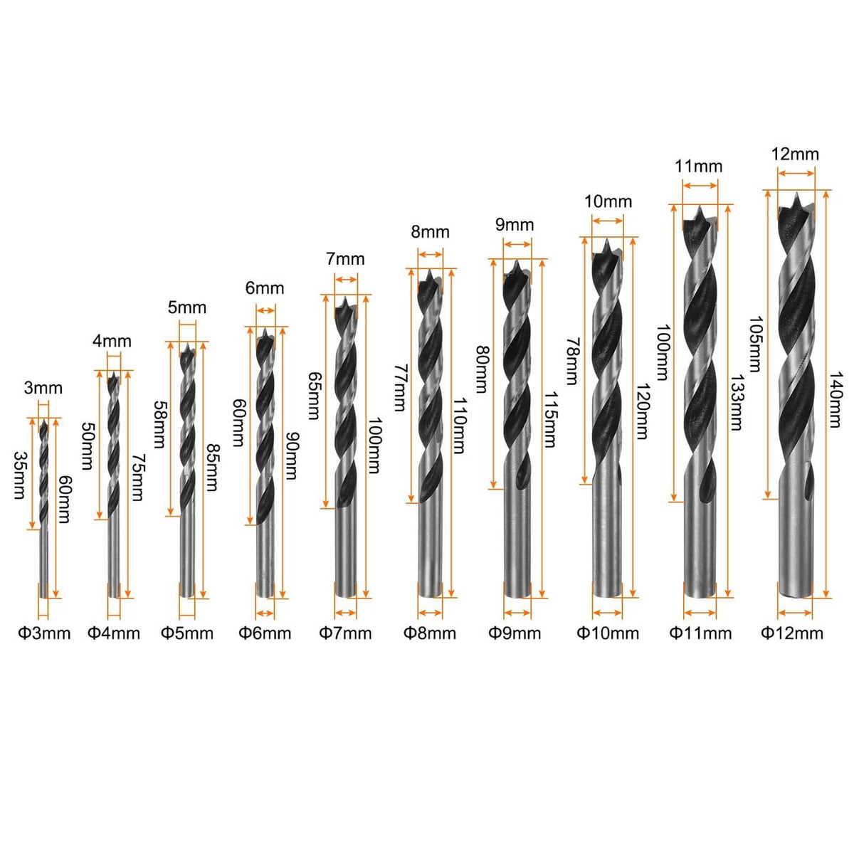 Black brad point drill bits diagram showing diameters from 3mm to 12mm